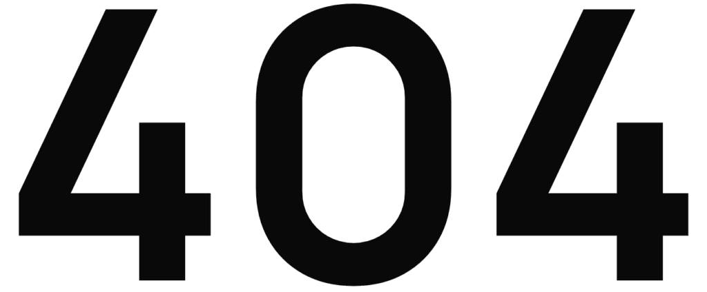 Large black "404" text centered on a white background, indicating a common error message for a missing web page.