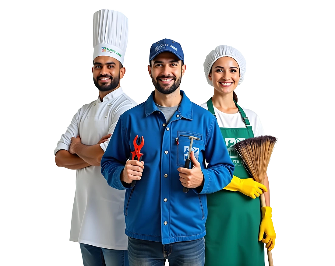 Three people stand side by side: a chef in uniform, a maintenance worker holding tools, and a cleaner in gloves with a broom, all smiling at the camera.