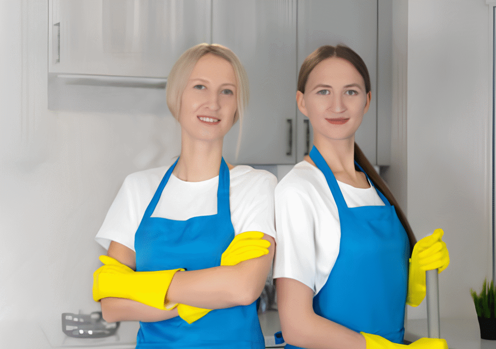 Two women, acting as Agents de Nettoyage, wear blue aprons and yellow cleaning gloves as they stand side by side in a kitchen, looking confidently at the camera.