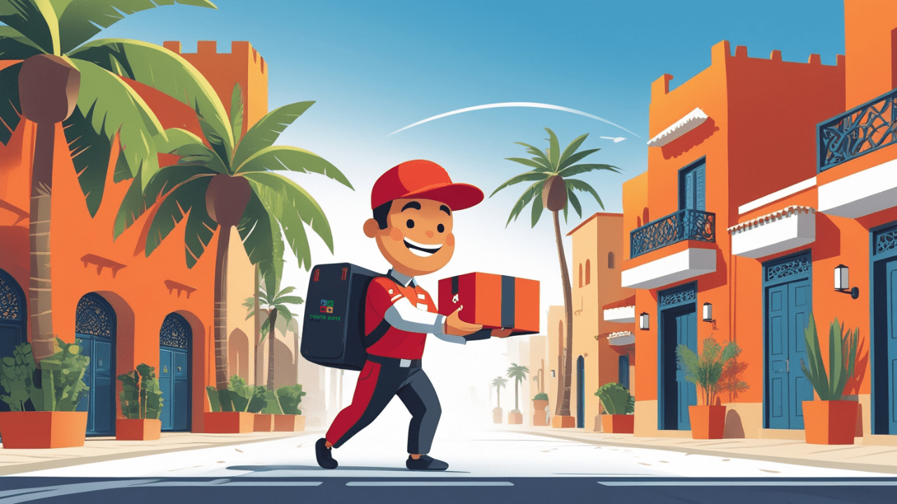 A delivery person in uniform carries a package while walking down a sunny street lined with palm trees and colorful buildings.