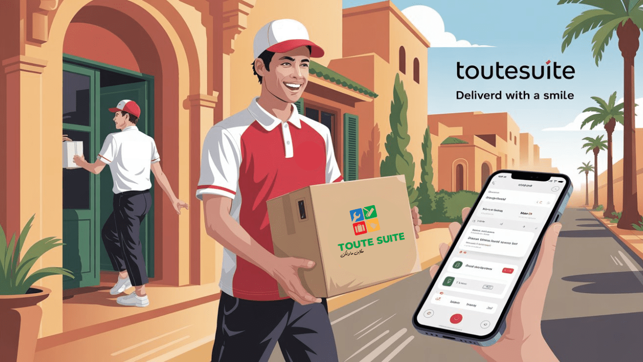 A delivery person hands a package to a customer at a residential doorway, while another hand holds a smartphone with the Toutesuite delivery app open; branding is visible.