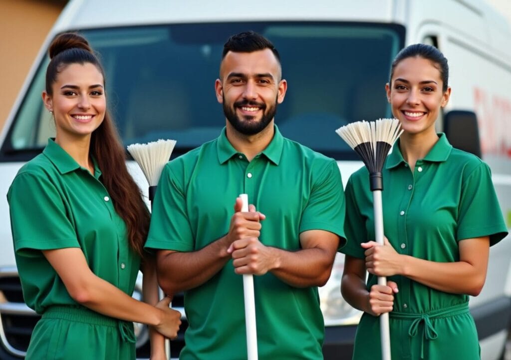 Three people in green uniforms holding cleaning tools stand in front of a white livraison van, smiling at the camera.