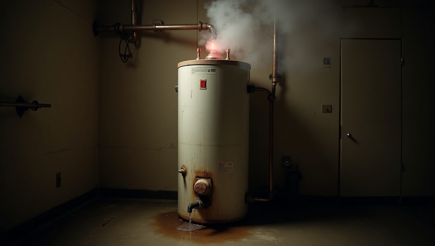 A water heater with rust and leaks emits steam from the top in a dim, empty room, indicating a malfunction or possible danger.