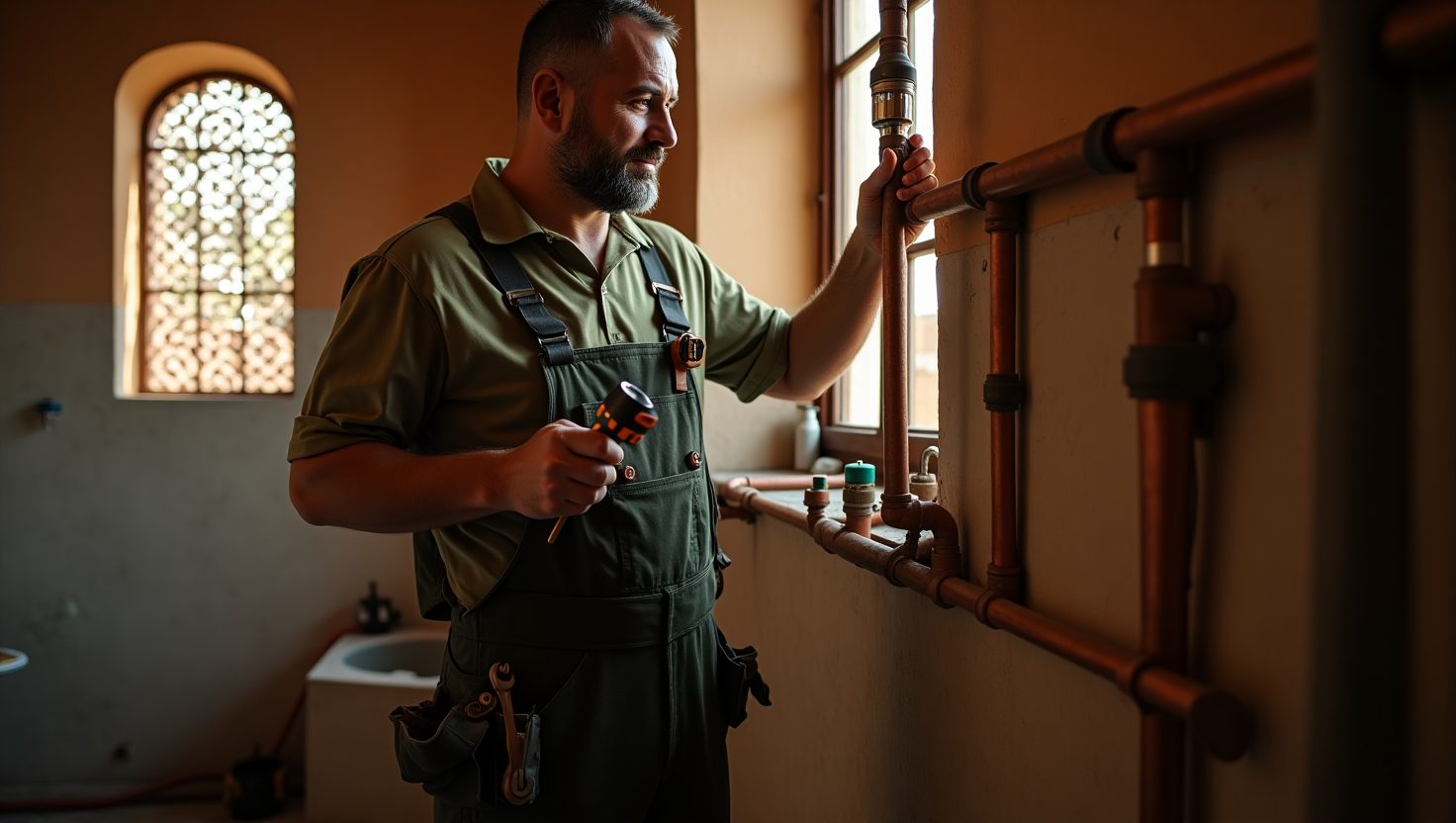A plumber in overalls inspects copper pipes near a window in a bathroom, holding a wrench and a flashlight.