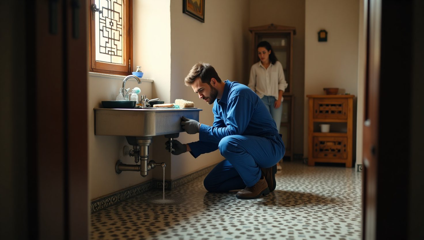 A plumber in blue overalls repairs a pipe under a sink while a woman stands nearby in a well-lit bathroom.