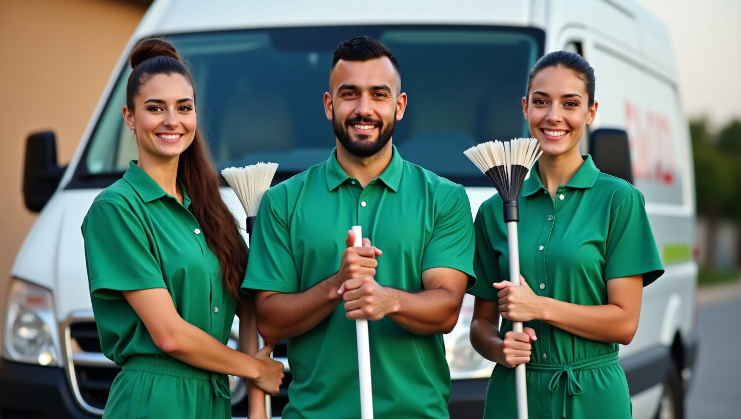 Three people in green uniforms stand outside in front of a white van, holding brooms and smiling at the camera, representing a friendly service de nettoyage team.
