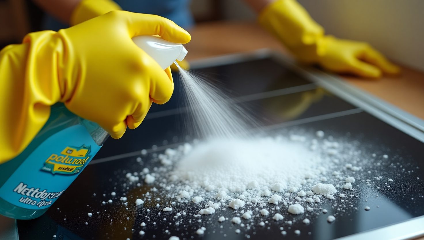 A person wearing yellow rubber gloves sprays cleaning solution onto white powder on a black glass stove top, demonstrating a meticulous service de nettoyage.