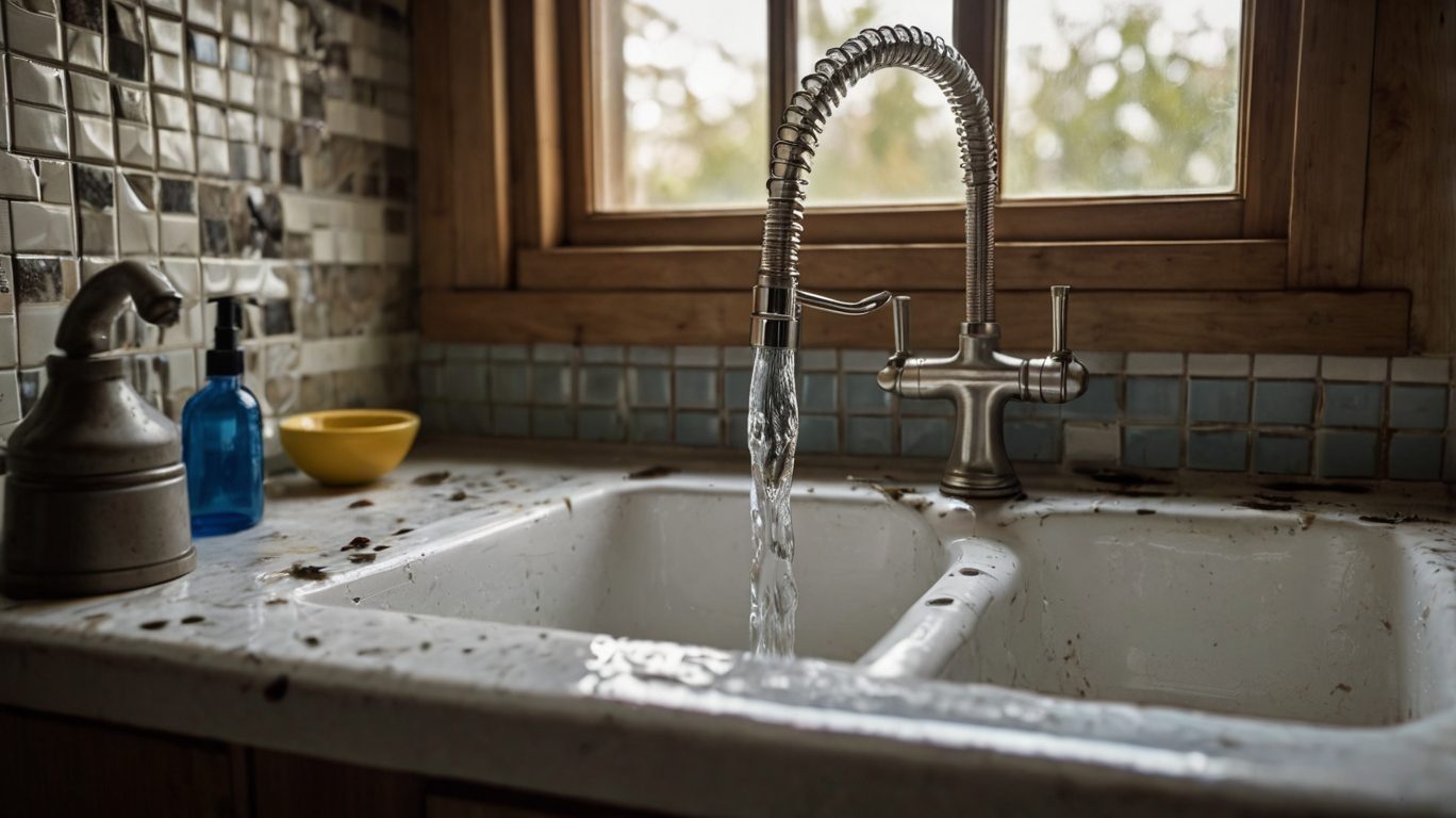 Water flows from a kitchen faucet into a white sink beneath a window, with a soap dispenser, blue bottle, and yellow bowl on the countertop.