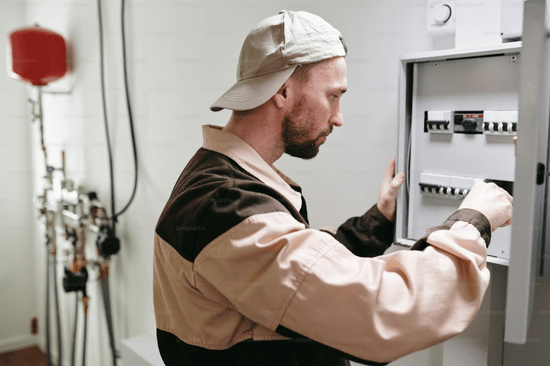 A man wearing a cap and work uniform inspects or adjusts circuit breakers inside an electrical panel in a utility room.