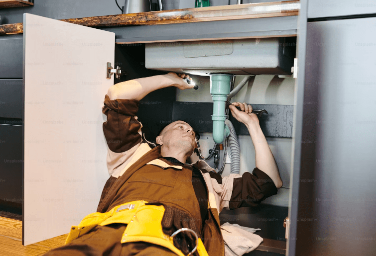 A person in work clothes lies on the floor under a kitchen sink, using tools to repair pipes inside a cabinet.