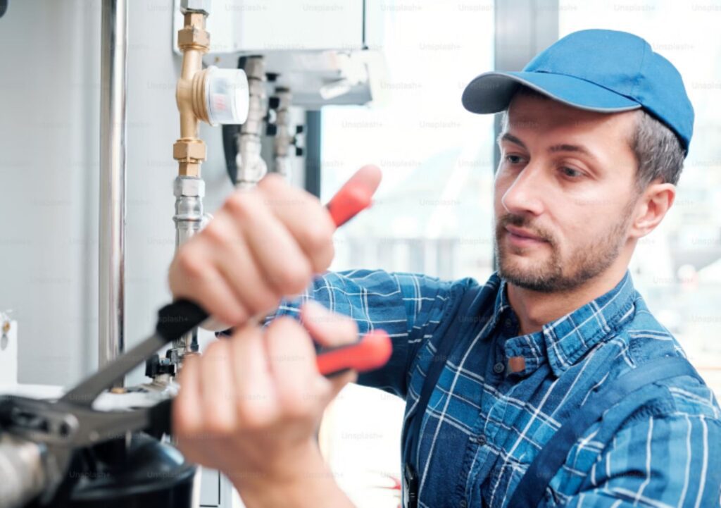 A man in a blue cap and plaid shirt uses pliers and a wrench to work on metal pipes in a bright indoor setting.