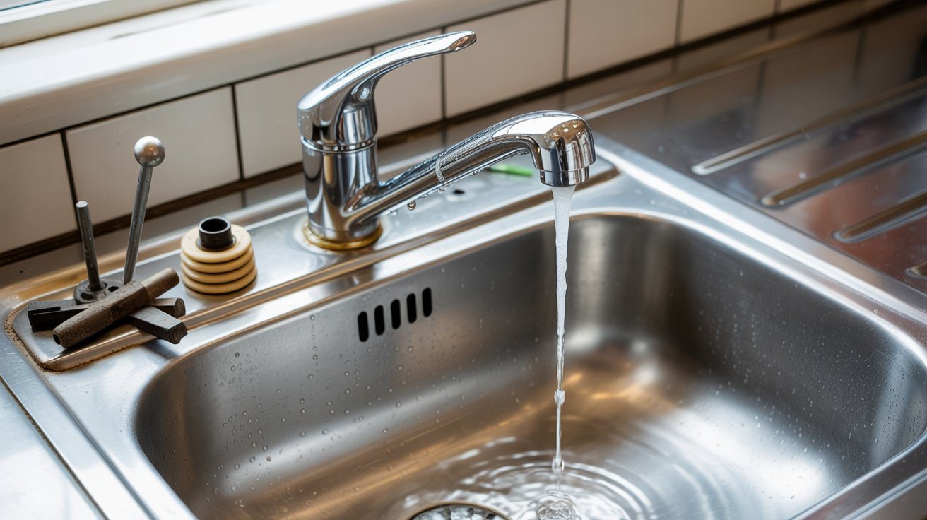A kitchen sink with a stainless steel faucet running water into the basin, with a soap pump and other items on the counter beside the sink.