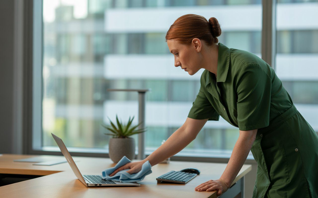 A woman in a green uniform cleans a laptop and desk with a blue cloth in a modern office with large windows, showcasing a professional service de nettoyage.