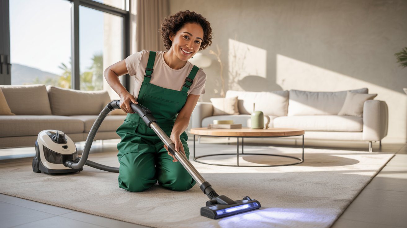A person in green overalls kneels on a rug in a living room, providing a service de nettoyage with a canister vacuum cleaner that features a lighted nozzle to clean the floor.