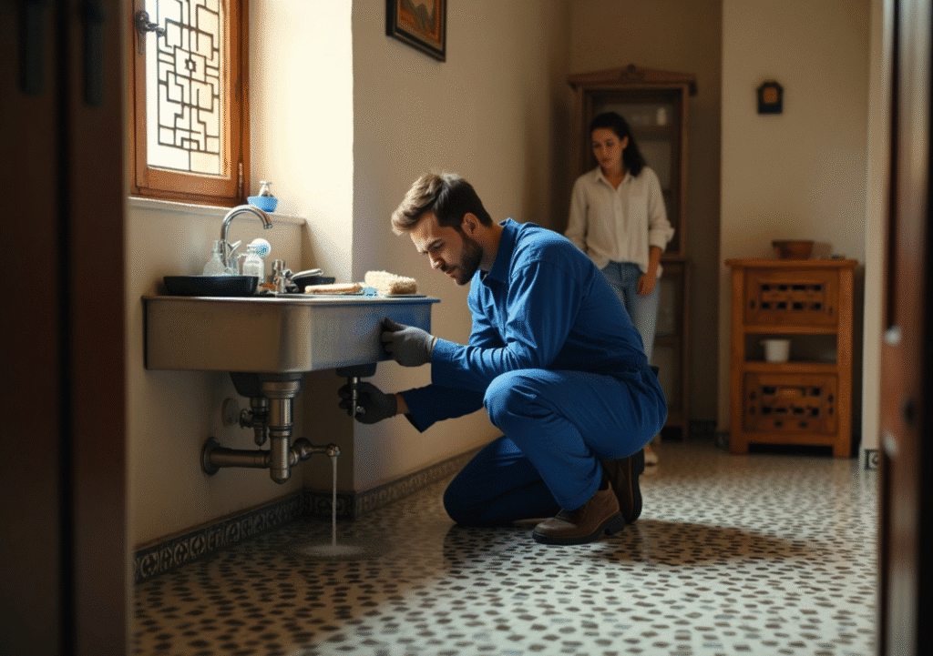 A plumber in blue overalls repairs a sink pipe in a bathroom while a woman stands nearby watching.