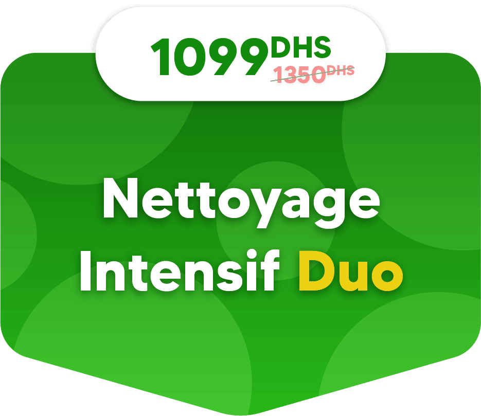 Green graphic with the text "Nettoyage Intensif Duo" and a price of 1099 DHS, reduced from 1350 DHS.