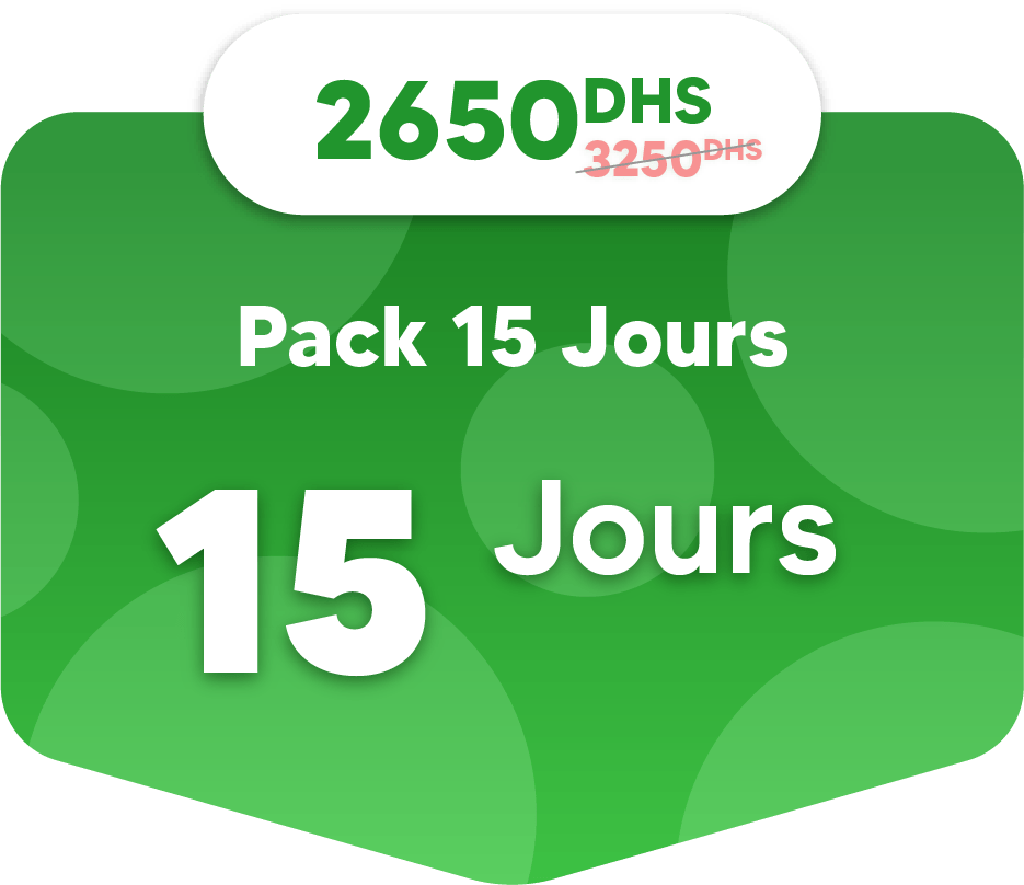 Green banner showcasing a 15-day pack from the Packs range for 2650 DHS, reduced from 3250 DHS, with "Pack 15 Jours" and "15 Jours" featured in white text.