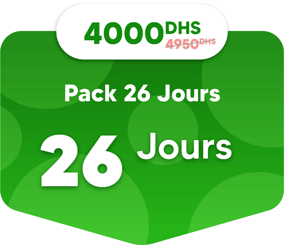 Green promotional banner featuring “Pack 26 Jours” from our special Packs collection, with a bold “26 Jours” and a price of 4000 DHS (reduced from 4950 DHS) at the top.