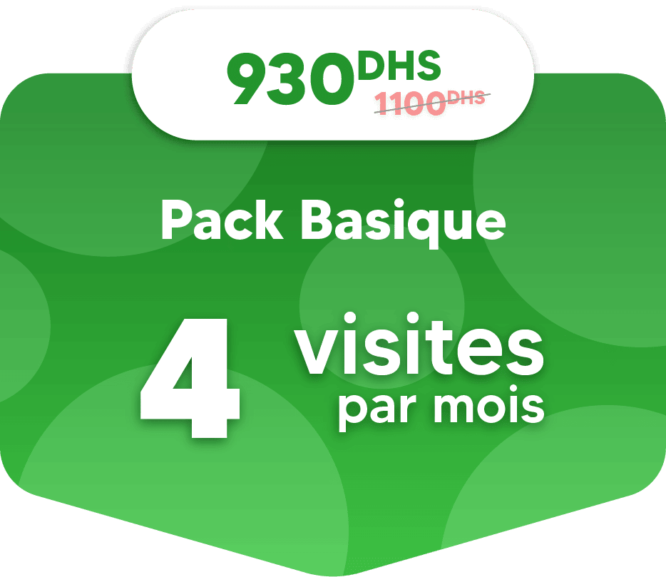 Green promotional banner showcasing our Packs: get the "Pack Basique" with 4 visits per month at a reduced price of 930 DHS, down from 1100 DHS.