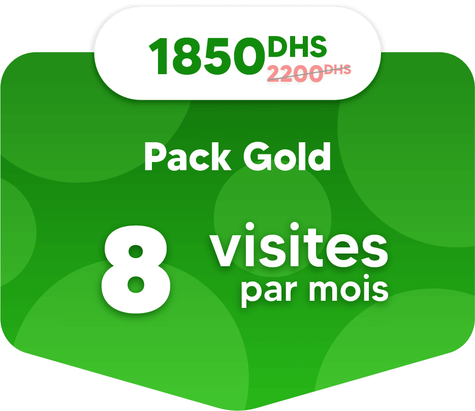 Green promotional banner showcasing the Packs Gold: 8 visites par mois for 1850 DHS, discounted from 2200 DHS.
