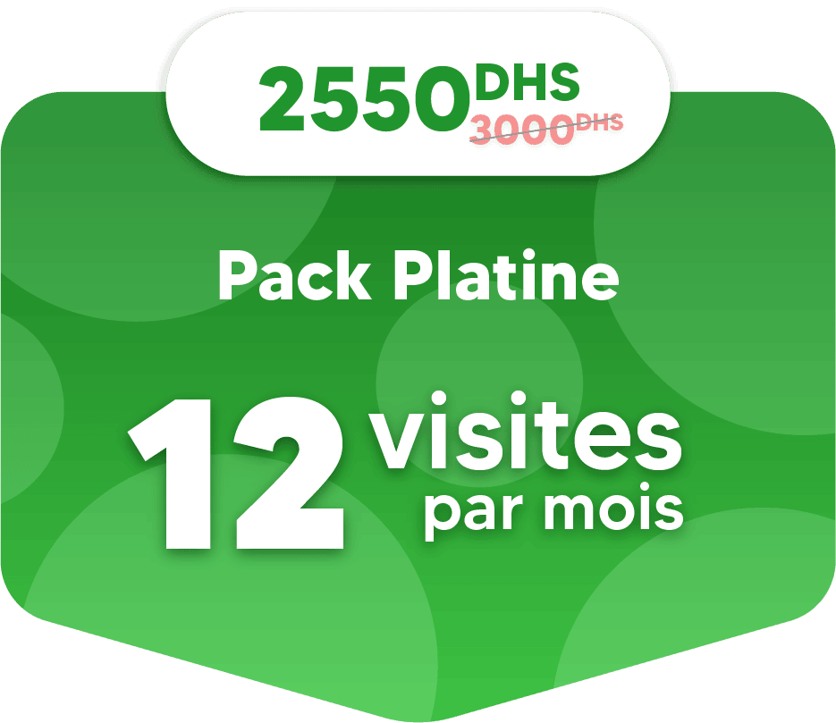 Green promotional graphic highlighting the "Pack Platine" from our range of Packs, now reduced to 2550 DHS from 3000 DHS, and offering 12 visits per month.