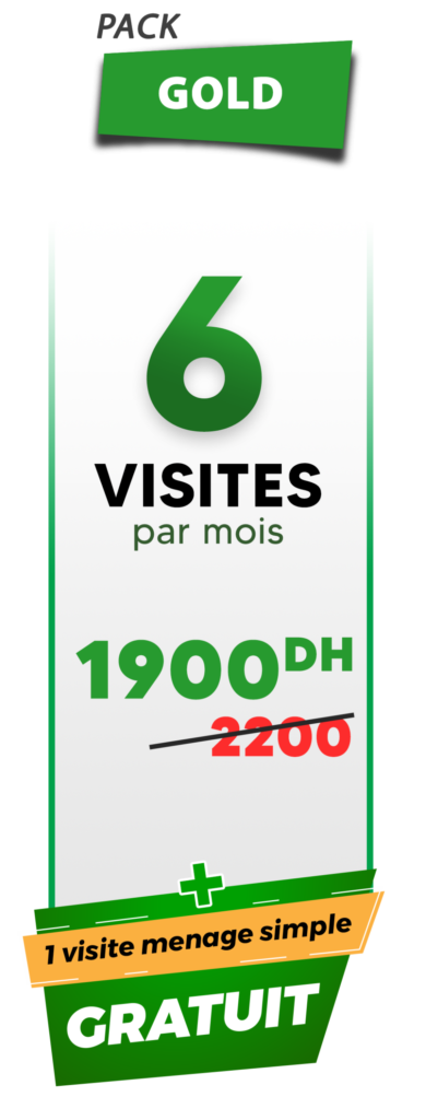 Promotional graphic for a "GOLD" pack offering 6 visits per month for 1900 DH (discounted from 2200 DH), plus one free basic cleaning visit.