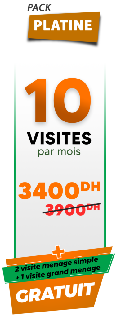 Promotional banner for “Pack Platine”: 10 visits per month for 3400 DH (discounted from 3900 DH), includes 2 simple cleaning visits and 1 deep cleaning visit for free.