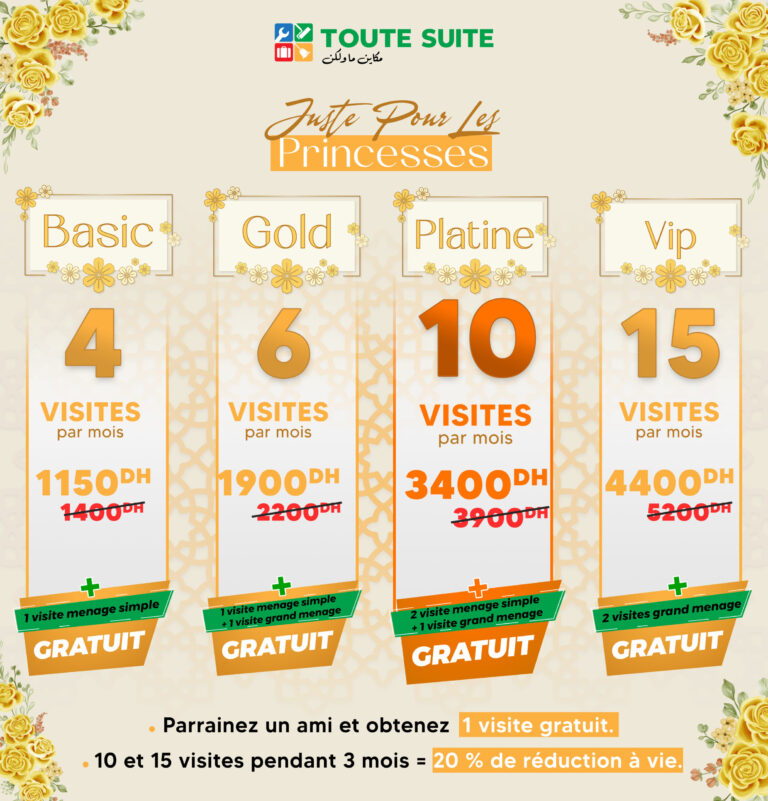 Price list for four subscription plans—Basic, Gold, Platine, and VIP—showing monthly visits, discounted prices, and free visits at Tout Suite.