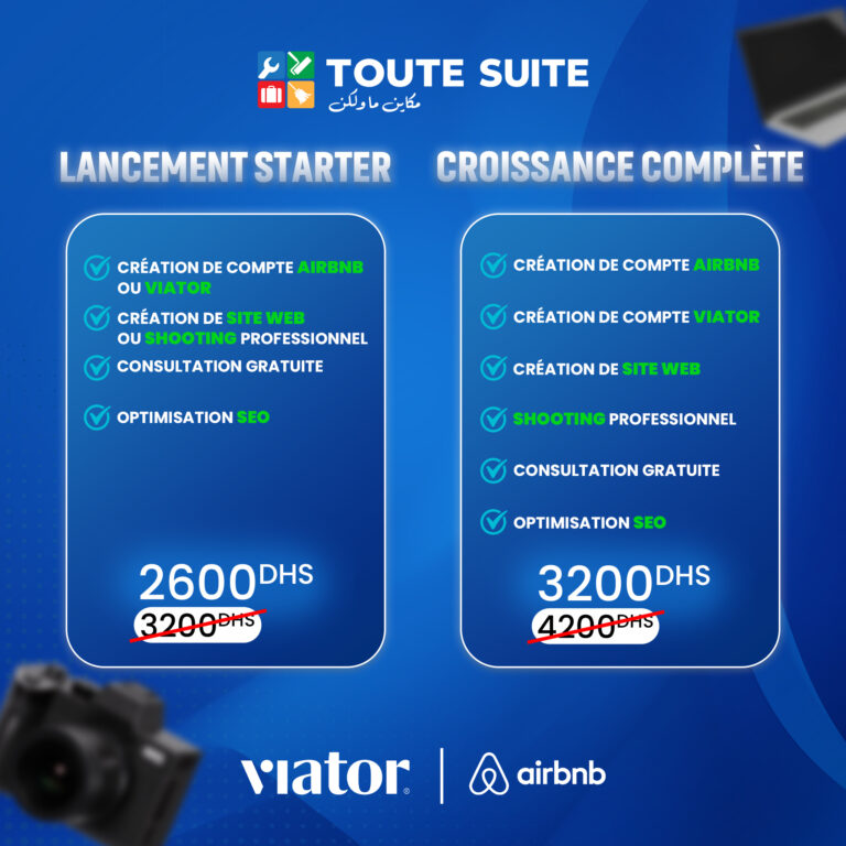 A promotional graphic compares two service packages, "Lancement Starter" for 2600 DHS and "Croissance Complète" for 3200 DHS, listing included features with original and discounted prices.