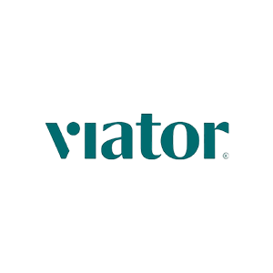 The Viator logo features the brand name in lowercase teal letters on a light gray background.