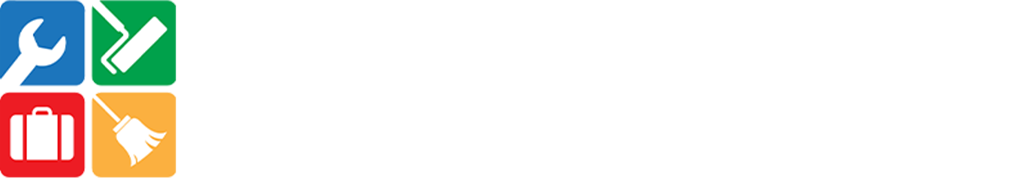 Four colored icons (wrench, paint roller, suitcase, broom) next to the text "TOUTE SUITE" and Arabic script, all on a light gray background.