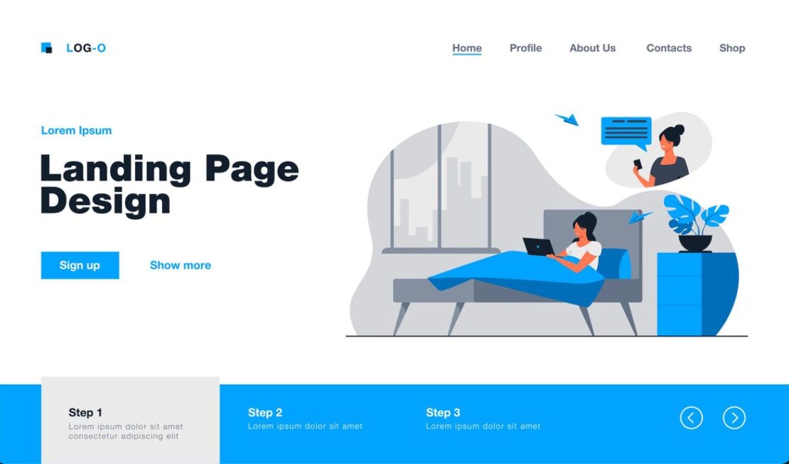 A website landing page design showing a woman on a bed using a laptop, with navigation menu, sign-up buttons, and a three-step progress bar at the bottom.