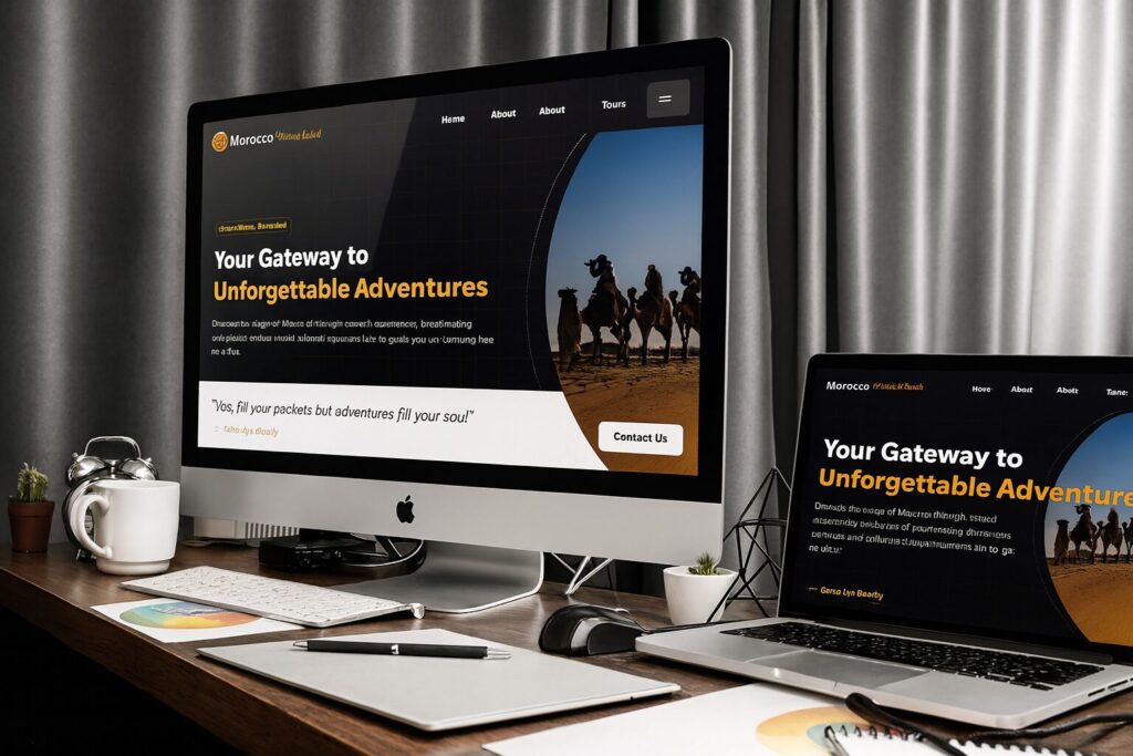 A desktop computer and laptop display a travel website for Morocco, featuring a homepage with a desert scene, promotional text, and a navigation menu.