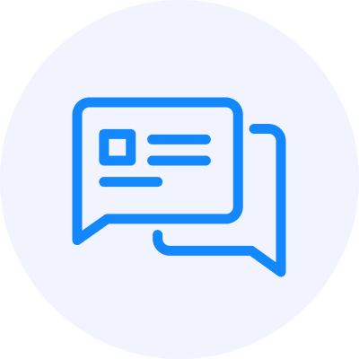 Two overlapping blue speech bubbles, one containing lines and a small rectangle simulating a conversation or message, on a light background.