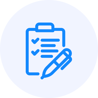 Blue line drawing of a clipboard with a checklist and a pen, set against a light circular background.