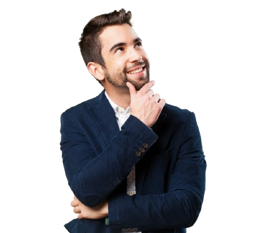 Man with short brown hair and beard wearing a dark blazer is smiling and looking up while thoughtfully resting his hand on his chin against a plain white background.